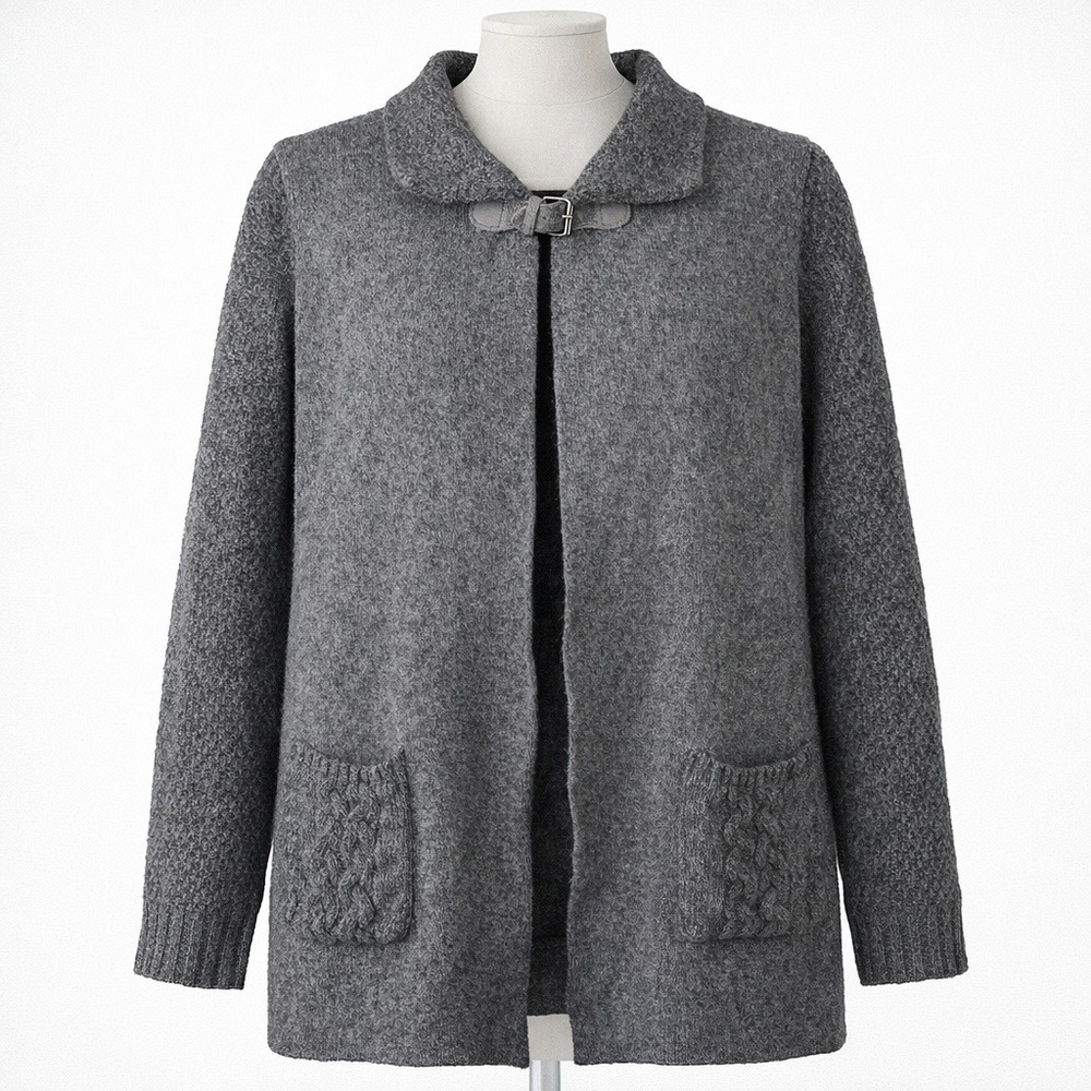 Chiaramente Cable Knit Wool Cardigan Size L Gray Pockets Cottagecore Rustic Farm